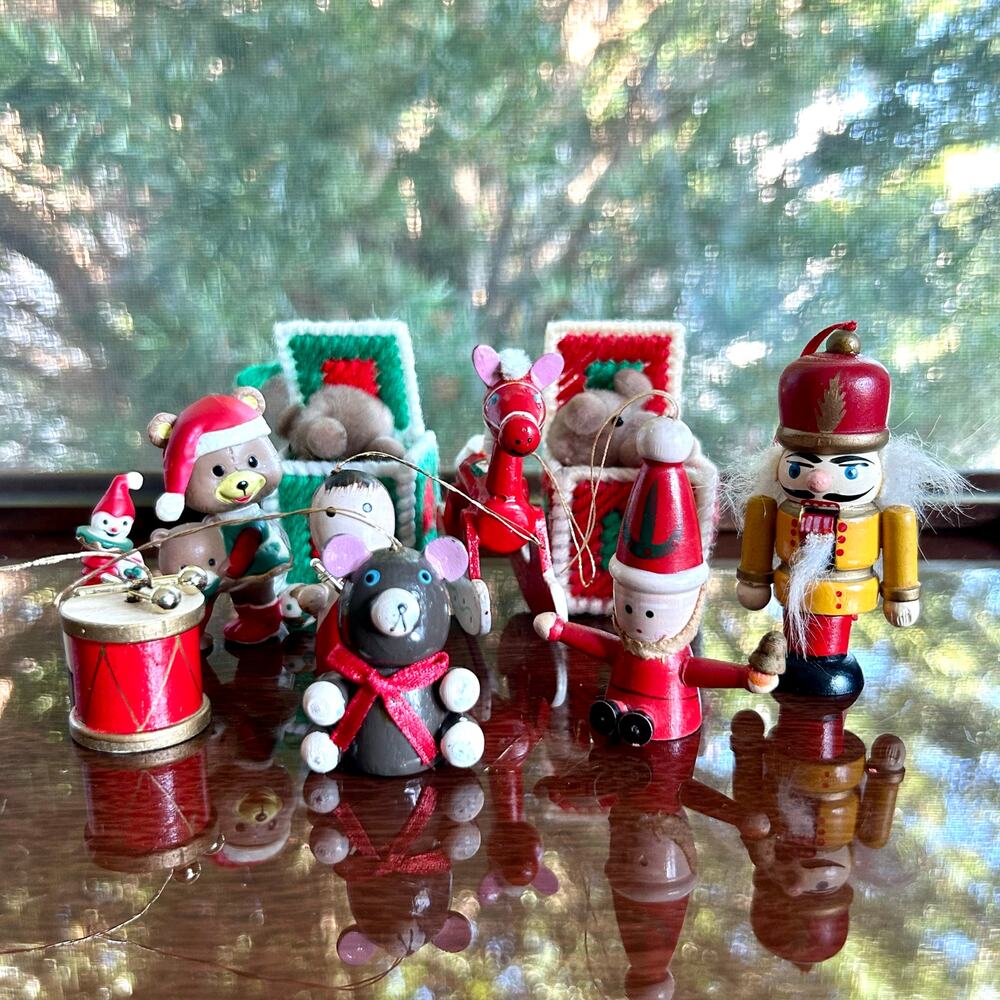 Lot of 10 Vintage Christmas Ornaments Wood & Plastic Canvas Holiday Set